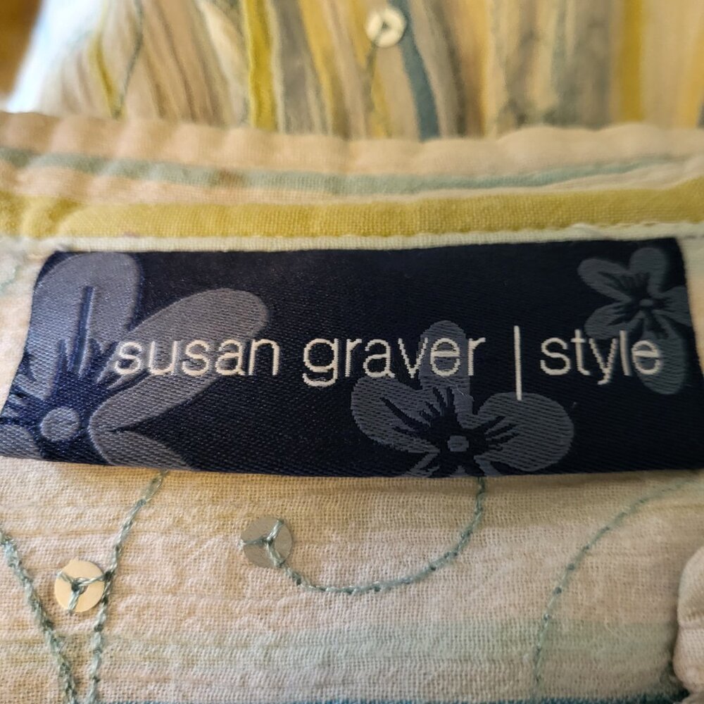 Susan Graver Style Women's Crinkled Cotton Front Button Top XL White/Yellow/Blue - Picture 7 of 10
